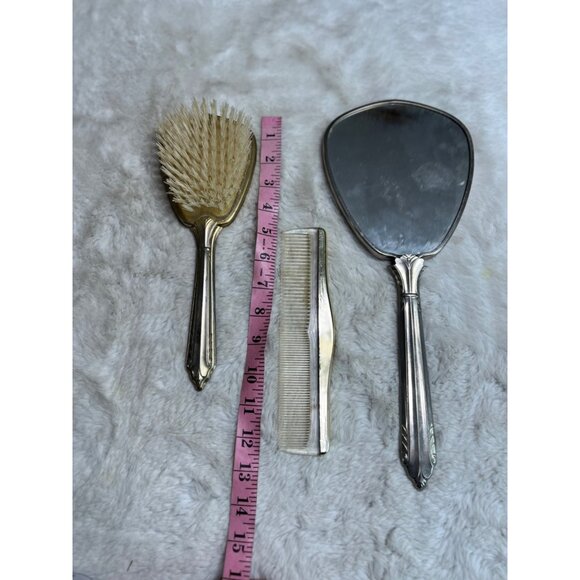 3 piece silver plated dresser set mirror, comb, hairbrush - Picture 5 of 5